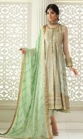 Pale blue net peshwas beautifully embroidered front, back, sleeves and a gota worked bodice. It is paired with our signature pants and cameo green heavy embroidered dupatta.