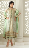 Pale blue net peshwas beautifully embroidered front, back, sleeves and a gota worked bodice. It is paired with our signature pants and cameo green heavy embroidered dupatta.