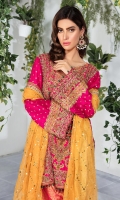 Fully embellished pink raw silk shirt beautifully paired with jamawar worked shalwar and yellow dupatta. *Shirt Length: 30.5
