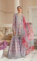 Net embroidered hand-embellished Front 1 yard Net embroidered Back 1 yard Net embroidered hand-embellished Sleeve 26" Net embroidered Dupatta 3 yards ( 1 yard each Colour ) Organza Embroided one side Dupatta border 2.5 yards Organza Embroided dupatta border 5 yards Net embroidered Gharara 100" Organza embroidered gharara border 100" Plain Shimmer 5 yards