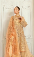Organza embroidered hand-embellished front 1 yard Organza embroidered back 1 yard Organza embroidered hand-embellished front border 1 yard Organza embroidered back border 1 yard Organza embroidered hand-embellished another front border 1 yard Organza embroidered another back border 1 yard Organza embroidered hand-embellished sleeves 26” Net embroidered dupatta 2.5 yard Organza dyed sharara 4 yard Russian grip trouser 2.5 yard