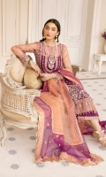 Net embroidered hand-embellished Front 1 yard Net embroidered back 1 yard Tissue embroidered hand-embellished front 1 yard Tissue embroidered back border 1 yard Tissue embroidered back motif 1 pcs Organza embroidered sleeves 26” Tissue embroidered hand-embellished sleeves border 1 yard Organza embroidered dupatta 2.5 yard Embroidered dupatta border 8 yard Organza embroidered dupatta center pcs 60” Tissue embroidered center border 5 yard Tissue embroidered trouser border 50” Russian grip trouser 2.5 yard