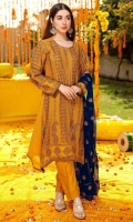 Beautiful Mustard Chiffon stuff Dress. A-Line Shirt with close chalk and heavy all over antique( tobacco) Tilla work. Contrast with blue embroidered Duppata.
