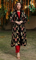 Graceful Black velvet Cardigan with all-over multi-color embroidery. Combination with plain red short & Trousers.