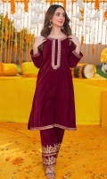High-Quality Maroon velvet long shirt with sleek tilla work. Trousers are beautifully embroidered with golden Tilla.