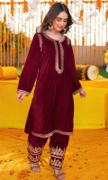 High-Quality Maroon velvet long shirt with sleek tilla work. Trousers are beautifully embroidered with golden Tilla.