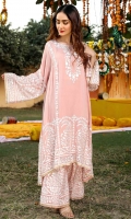 Light Pink chiffon Kashmiri Style Shirt and trouser in loose and elegant style. Contrast with sleek white thread Embroidery.