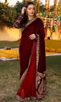 Lavish Maroon Velvet Saree with an elegant combination of “Ada work” (handmade embroidery) and machine embroidery. •Heavy golden tilla and sequin work blouse. •Handmade embroidery on daman.