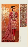 Printed polyster chiffon dupatta Printed cotton net digital shirt 3.12 meters Dyed lawn slip Dyed cambric pant Hand work embroidery front on fabric & hand work sleeve embroidery on fabric & hand work neck embroidery on organza 1 Border embroidery on organza 2mtr