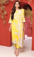 Shirt: Printed Light Cambric Shirt 3.12 Meters Embroidered Sleeves Fabric: Cambric  Dupatta: Printed Lawn Dupatta Fabric: Lawn  Trousers: Dyed Cambric Trousers Fabric: Cambric