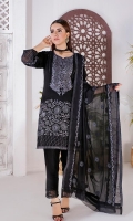 Shirt Front : Full Front Embroidered Jacquard Shirt Back : Dyed Jacquard Sleeves : Embroidered Jacquard Dupatta : Embroidered Chiffon Trouser : Dyed Cambric  Embroidery Details: Full Embroidered Shirt's Front Embroidered Sleeves Embroidered Dupatta
