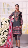 Shirt: Embroidered & Digital Printed Cambric (3 meters) Dupatta: Digital Printed Brosha Jacquard (2.5 meters) Trouser: Dyed Cambric (2.5 meters)  Embroidery Details: Embroidered Gala on Shirt