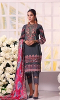 Shirt: Embroidered & Digital Printed Cambric (3 meters) Dupatta: Digital Printed Brosha Jacquard (2.5 meters) Trouser: Dyed Cambric (2.5 meters)  Embroidery Details: Embroidered Gala on Shirt