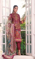 Shirt: Embroidered & Digital Printed Cambric (3 meters) Dupatta: Digital Printed Brosha Jacquard (2.5 meters) Trouser: Dyed Cambric (2.5 meters)  Embroidery Details: Embroidered Front on Shirt