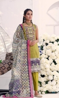 Shirt: Embroidered & Digital Printed Cambric (3 meters) Dupatta: Digital Printed Brosha Jacquard (2.5 meters) Trouser: Dyed Cambric (2.5 meters)  Embroidery Details: Embroidered Gala on Shirt