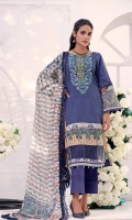 Shirt: Embroidered & Digital Printed Cambric (3 meters) Dupatta: Digital Printed Brosha Jacquard (2.5 meters) Trouser: Dyed Cambric (2.5 meters)  Embroidery Details: Embroidered Gala on Shirt