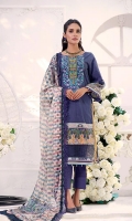 Shirt: Embroidered & Digital Printed Cambric (3 meters) Dupatta: Digital Printed Brosha Jacquard (2.5 meters) Trouser: Dyed Cambric (2.5 meters)  Embroidery Details: Embroidered Gala on Shirt
