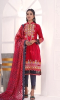 Shirt: Embroidered & Digital Printed Cambric (3 meters) Dupatta: Digital Printed Brosha Jacquard (2.5 meters) Trouser: Dyed Cambric (2.5 meters)  Embroidery Details: Embroidered Gala on Shirt with Foil Work Embroidered Daman on Shirt with Foil Work