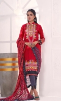 Shirt: Embroidered & Digital Printed Cambric (3 meters) Dupatta: Digital Printed Brosha Jacquard (2.5 meters) Trouser: Dyed Cambric (2.5 meters)  Embroidery Details: Embroidered Gala on Shirt with Foil Work Embroidered Daman on Shirt with Foil Work