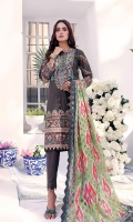 Shirt: Embroidered & Digital Printed Cambric (3 meters) Dupatta: Digital Printed Brosha Jacquard (2.5 meters) Trouser: Dyed Cambric (2.5 meters)  Embroidery Details: Embroidered Gala on Shirt