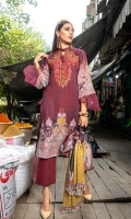 Details: Shirt: Digital Printed Lawn (3 meters) Dupatta: Digital Printed Lawn (2.5 meters) Trouser: Dyed Cotton (2.5 meters)  Embroidery Details: Embroidered Gala on Shirt