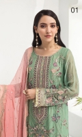 Embroidered Chiffon Shirt Front Embroidered Chiffon Back Embroidered Chiffon Sleeves Embroidered Chiffon Chiffon Dupatta Dyed Trouser