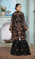 Embroidered Chiffon Front  Embroidered Chiffon Back Embroidered Chiffon Sleeves Embroidered Chiffon Right + Left Panel Embroidered Chiffon Front + Back Patch 2 Embroidered Chiffon Dupatta Embroidered Russian Grip Trouser