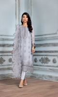 Embroidered Chiffon Front  Embroidered Chiffon Back Embroidered Chiffon Sleeves Embroidered Chiffon Right + Left Kalli Embroidered Chiffon Front + Back Patch 2 Embroidered Organza Dupatta Dyed Raw Silk Trouser