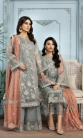 Embroidered Organza Front Embroidered Organza Back Embroidered Organza Front + Back Patch 2 Embroidered Organza Sleeves Embroidered Chiffon Pallu Dupatta Embroidered  Organza Trouser Patch Dyed Raw Silk Trouser
