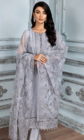 Embroidered Chiffon Front  Embroidered Chiffon Back Embroidered Chiffon Sleeves Embroidered Chiffon Right + Left Kalli Embroidered Chiffon Front + Back Patch 2 Embroidered Organza Dupatta Dyed Raw Silk Trouser