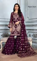 Embroidered Chiffon Front Center Panel Embroidered Chiffon Right + Left Panel Embroidered Chiffon Front + Back Patch 2 Embroidered Chiffon Back Embroidered Chiffon Sleeves Embroidered Chiffon Pallu Dupatta Embroidered  Chiffon Trouser Patch Embroidered Russian Grip Trouser