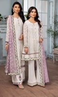 Embroidered Chiffon Front  Embroidered Chiffon Right + Left Kalli Embroidered Chiffon Front + Back Patch 2 Embroidered Chiffon Back Embroidered Chiffon Sleeves Embroidered Chiffon Dupatta Embroidered Organza Laser Dupatta Patch Dyed Raw Silk Trouser