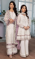 Embroidered Chiffon Front  Embroidered Chiffon Right + Left Kalli Embroidered Chiffon Front + Back Patch 2 Embroidered Chiffon Back Embroidered Chiffon Sleeves Embroidered Chiffon Dupatta Embroidered Organza Laser Dupatta Patch Dyed Raw Silk Trouser