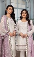 Embroidered Chiffon Front  Embroidered Chiffon Right + Left Kalli Embroidered Chiffon Front + Back Patch 2 Embroidered Chiffon Back Embroidered Chiffon Sleeves Embroidered Chiffon Dupatta Embroidered Organza Laser Dupatta Patch Dyed Raw Silk Trouser