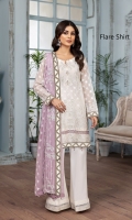 Embroidered Chiffon Front  Embroidered Chiffon Right + Left Kalli Embroidered Chiffon Front + Back Patch 2 Embroidered Chiffon Back Embroidered Chiffon Sleeves Embroidered Chiffon Dupatta Embroidered Organza Laser Dupatta Patch Dyed Raw Silk Trouser