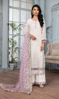 Embroidered Chiffon Front  Embroidered Chiffon Right + Left Kalli Embroidered Chiffon Front + Back Patch 2 Embroidered Chiffon Back Embroidered Chiffon Sleeves Embroidered Chiffon Dupatta Embroidered Organza Laser Dupatta Patch Dyed Raw Silk Trouser