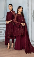 Embroidered Chiffon Front  Embroidered Chiffon Front + Back Patch Embroidered Chiffon Back Embroidered Chiffon Sleeves Embroidered Neckline Patch Embroidered Chiffon Dupatta Embroidered Chiffon Dupatta Patch Dyed Raw Silk Trouser