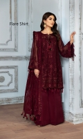 Embroidered Chiffon Front  Embroidered Chiffon Front + Back Patch Embroidered Chiffon Back Embroidered Chiffon Sleeves Embroidered Neckline Patch Embroidered Chiffon Dupatta Embroidered Chiffon Dupatta Patch Dyed Raw Silk Trouser
