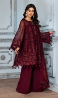 Embroidered Chiffon Front  Embroidered Chiffon Front + Back Patch Embroidered Chiffon Back Embroidered Chiffon Sleeves Embroidered Neckline Patch Embroidered Chiffon Dupatta Embroidered Chiffon Dupatta Patch Dyed Raw Silk Trouser