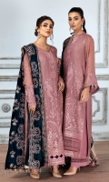 Embroidered Chiffon Front  Embroidered Chiffon Back Embroidered Chiffon Right + Left Kalli Embroidered Chiffon Front + Back Patch  Embroidered Chiffon Sleeves Embroidered Micro Velvet 9000 Shawl Dyed Raw Silk Trouser