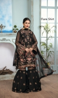 Embroidered Chiffon Front  Embroidered Chiffon Back Embroidered Chiffon Sleeves Embroidered Chiffon Right + Left Panel Embroidered Chiffon Front + Back Patch 2 Embroidered Chiffon Dupatta Embroidered Russian Grip Trouser