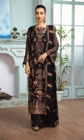 Embroidered Chiffon Front  Embroidered Chiffon Back Embroidered Chiffon Sleeves Embroidered Chiffon Right + Left Panel Embroidered Chiffon Front + Back Patch 2 Embroidered Chiffon Dupatta Embroidered Russian Grip Trouser