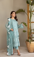 Embroidered Chiffon Front Embroidered Chiffon Back Embroidered Chiffon Side Kalli Embroidered Chiffon Sleeves Embroidered Chiffon Front + Back + Sleeves Patch Embroidered Chiffon Dupatta Embroidered Dupatta Pallu Patch (2) + Patti Embroidered Trouser Patch Dyed Raw Silk Trouser