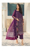 Embroidered Chiffon Front Embroidered Chiffon Back Embroidered Chiffon Right + Left Kalli Embroidered Chiffon Sleeves Embroidered Chiffon Front + Back Border Patch Embroidered Sleeves Patch Embroidered Chiffon Pallu Dupatta Dyed Grip Trouser