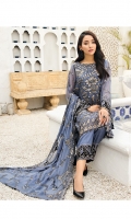 Embroidered Chiffon Front Embroidered Chiffon Back Embroidered Chiffon Side Kalli Embroidered Chiffon Sleeves Embroidered Chiffon Front + Back Border Patch Embroidered Sleeves Patch Embroidered Chiffon Dupatta Laser Cut Trouser Patch Dyed Raw Silk Trouser