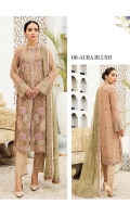 Embroidered Chiffon Front Embroidered Chiffon Back Embroidered Chiffon Sleeves Embroidered Chiffon Front + Back Border Patch Embroidered Chiffon 4 Side Dupatta Dyed Raw Silk Trouser