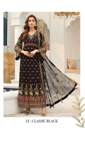Embroidered Chiffon Front Kalli (Heavy) Embroidered Chiffon Back Kalli (Light) Embroidered Chiffon Front + Back Body Embroidered Chiffon Sleeves Embroidered Front + Back Border Patch Embroidered Chiffon Dupatta Dyed Raw Silk Trouser