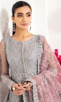 Embroidered Net Front Embroidered Net Back Embroidered Front Body Embroidered Back Body Embroidered Net Sleeves Embroidered Front + Back Patch Embroidered Net Dupatta Embroidered Sleeves + Dupatta Patch Dyed Raw Silk Trouser