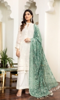 Embroidered Chiffon Front Embroidered Chiffon Back Embroidered Chiffon Sleeves Embroidered Chiffon Front + Back Patch Embroidered Neckline Patch Embroidered Chiffon Dupatta Embroidered Dupatta Patch Dyed Raw Silk Trouser