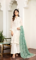Embroidered Chiffon Front Embroidered Chiffon Back Embroidered Chiffon Sleeves Embroidered Chiffon Front + Back Patch Embroidered Neckline Patch Embroidered Chiffon Dupatta Embroidered Dupatta Patch Dyed Raw Silk Trouser